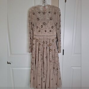 NWT Mac Duggal Beaded Illusion High Neck Long Sleeve A Line Gown in Nude, sz 6